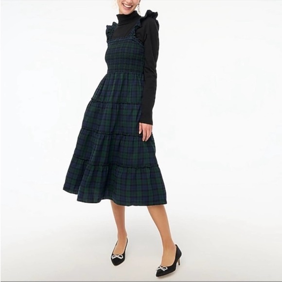 J. Crew Dresses & Skirts - J. Crew Factory Black Watch Tartan Poplin Smocked Sleeveless Midi Dress Womens S